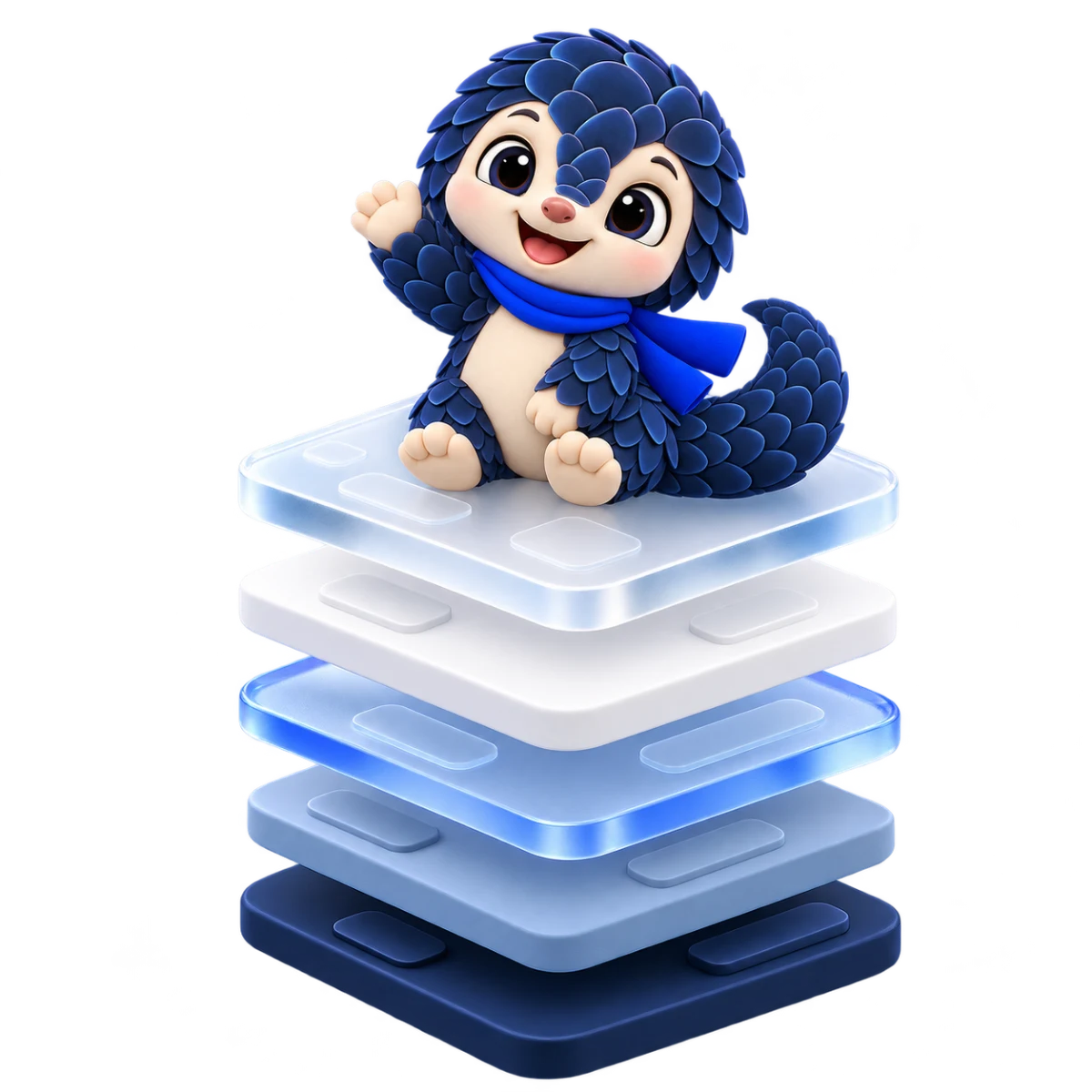 Kavi the pangolin, the site's mascot, sitting on top of a floating stack of five layers