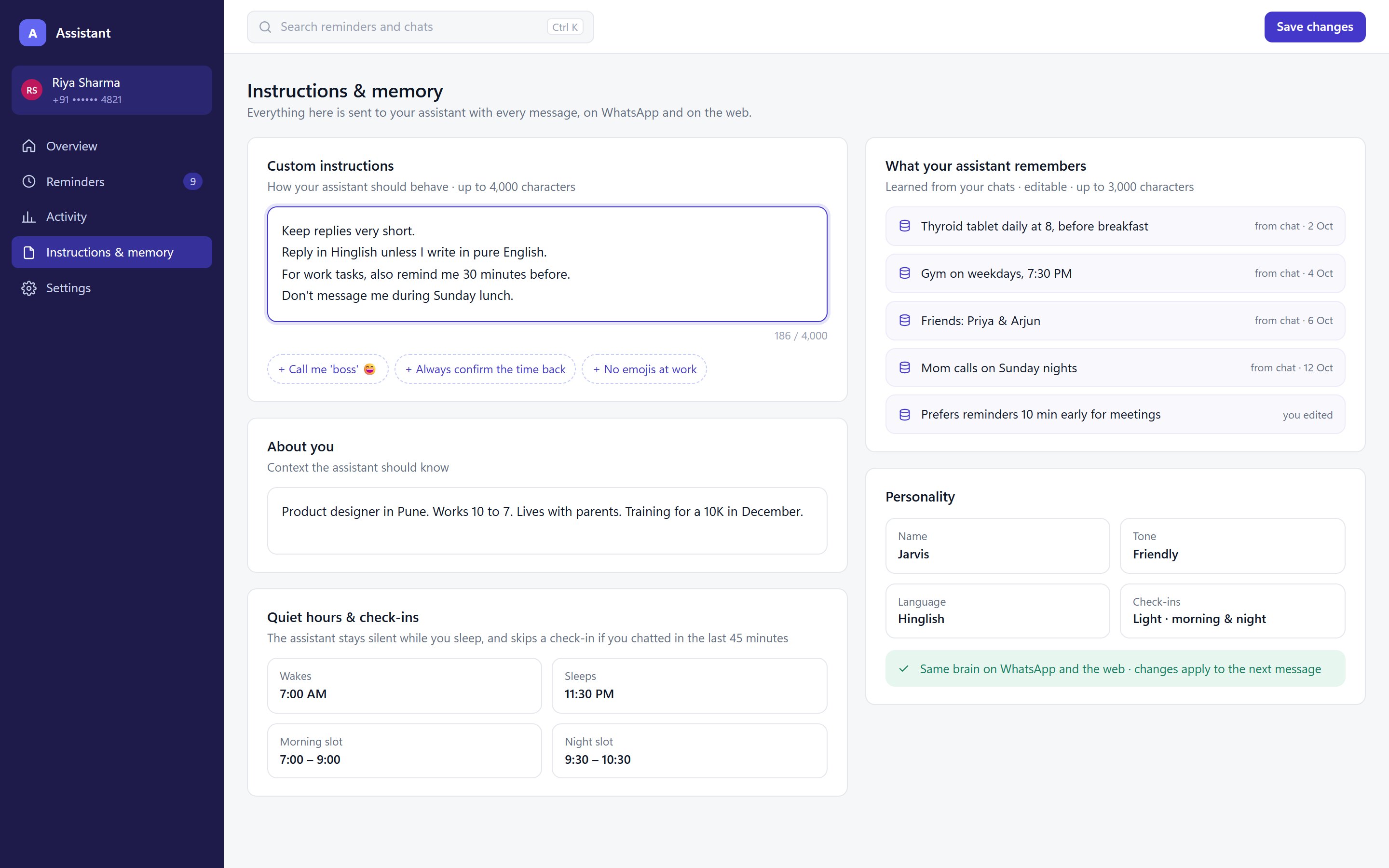 Instructions, memory and quiet-hours settings