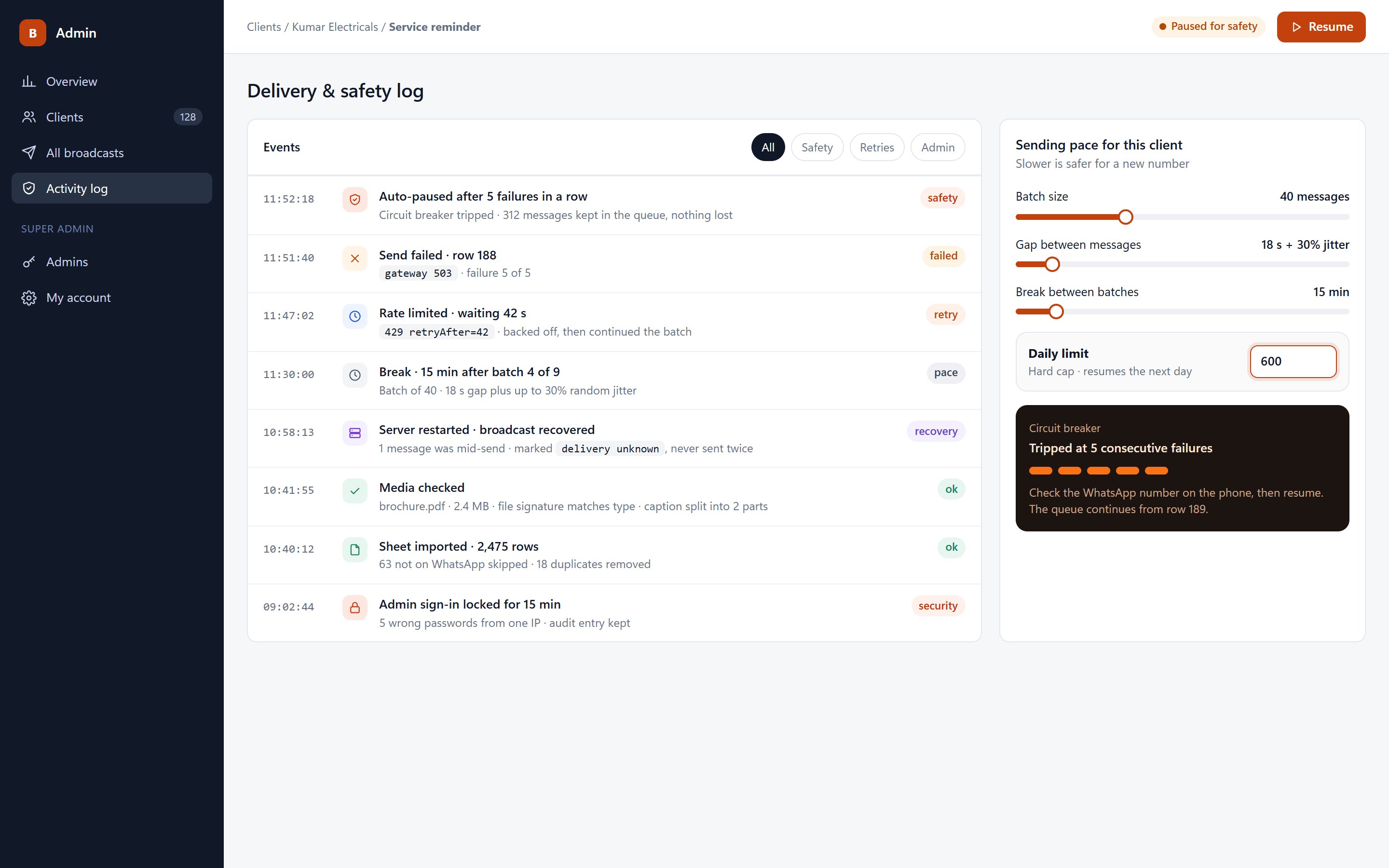 Delivery and safety log showing auto-pause, rate-limit backoff and crash recovery