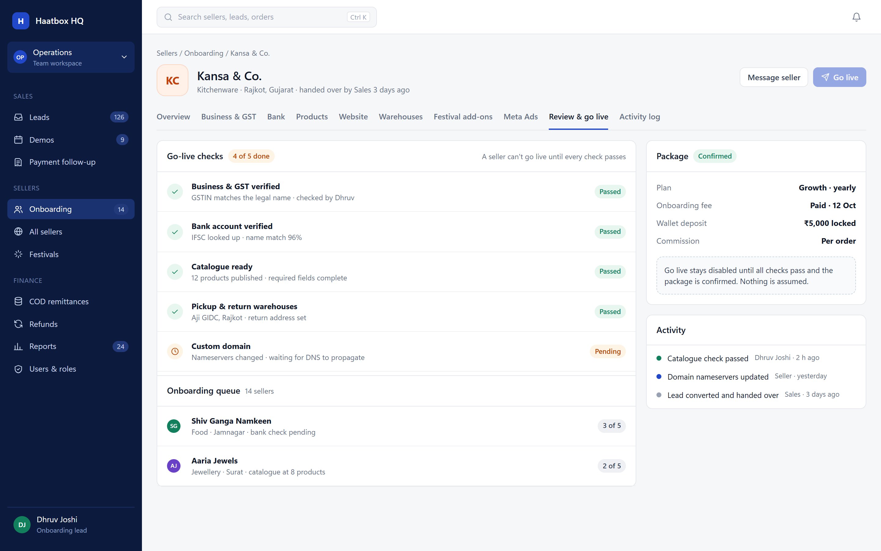 Go-live review with five checks and a confirmed package