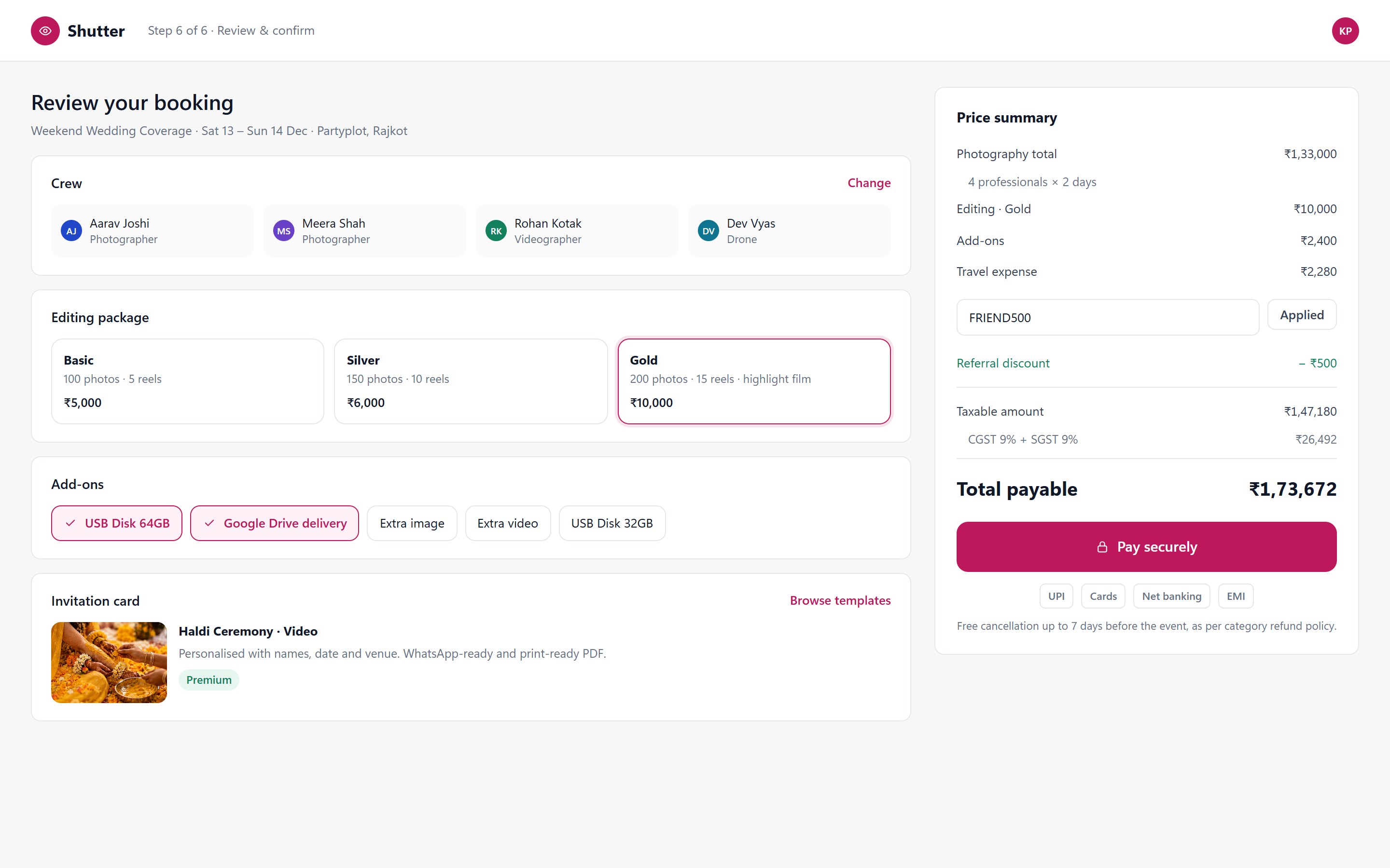 Booking review with editing package, add-ons and GST breakdown