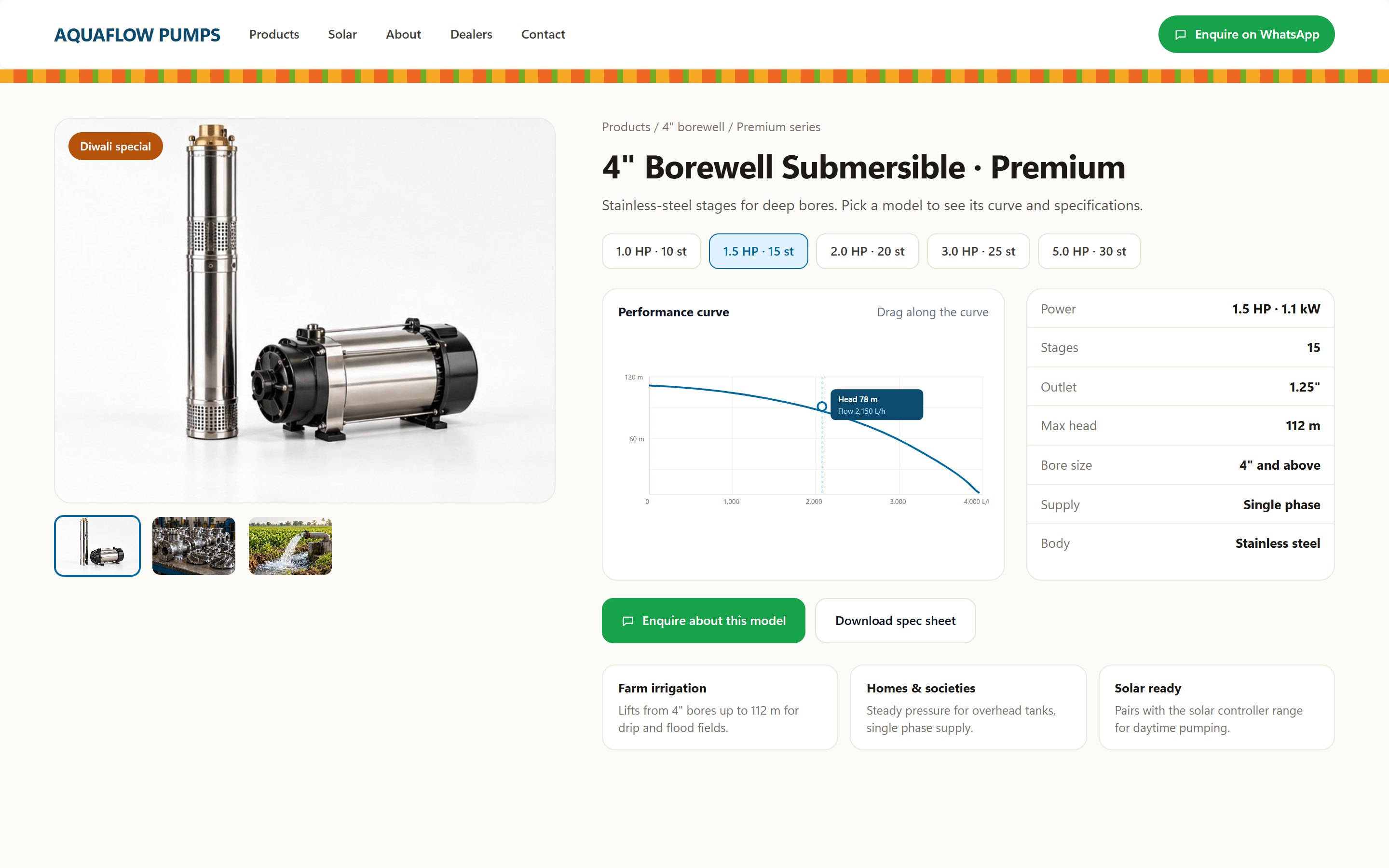 Pump product page with a draggable performance curve