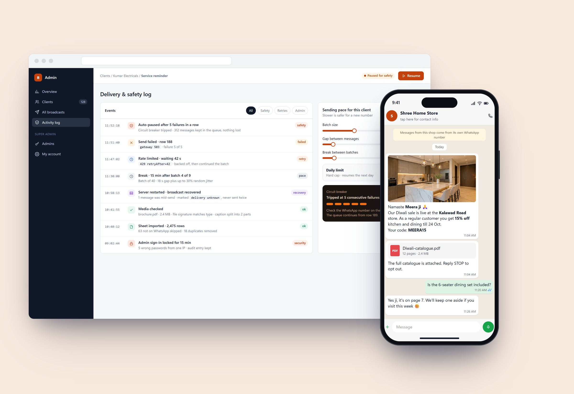 Delivery and safety log with a paused broadcast, and the personalised message a customer receives