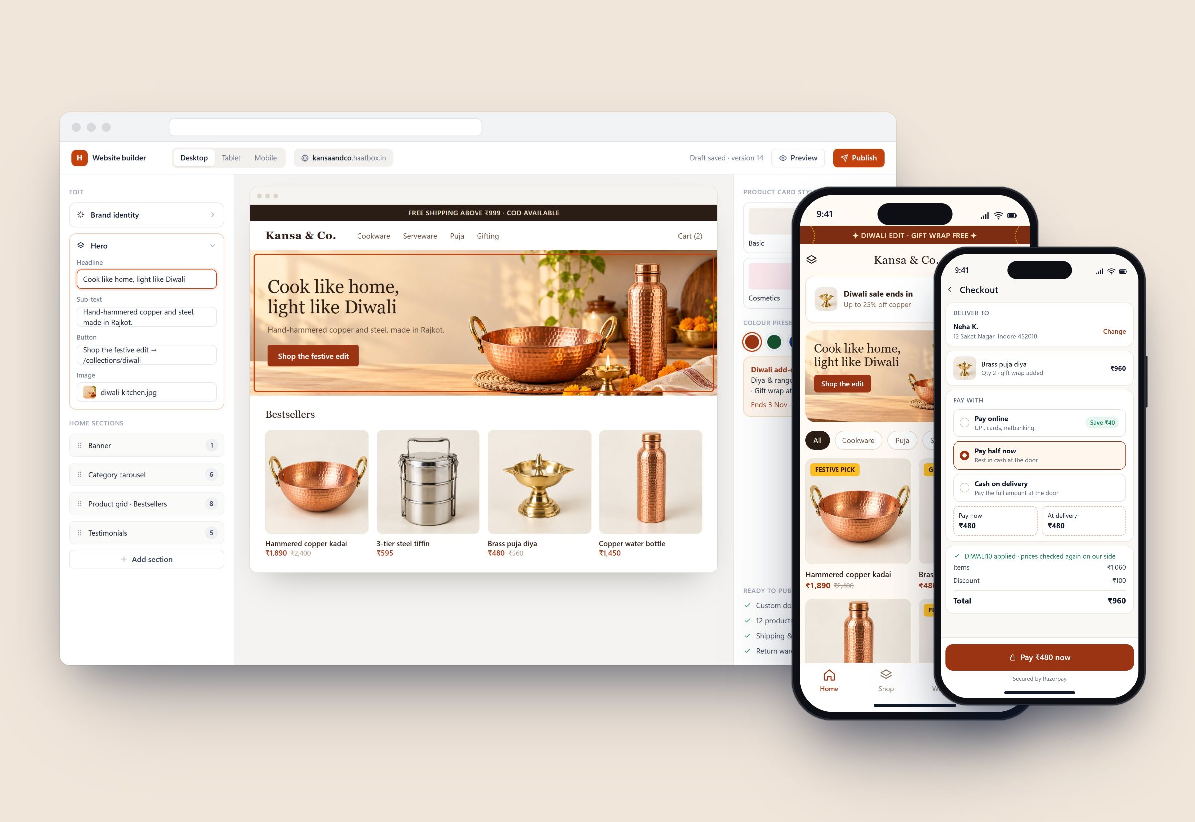 Website builder with a kitchenware store in live preview, plus the store and checkout on mobile