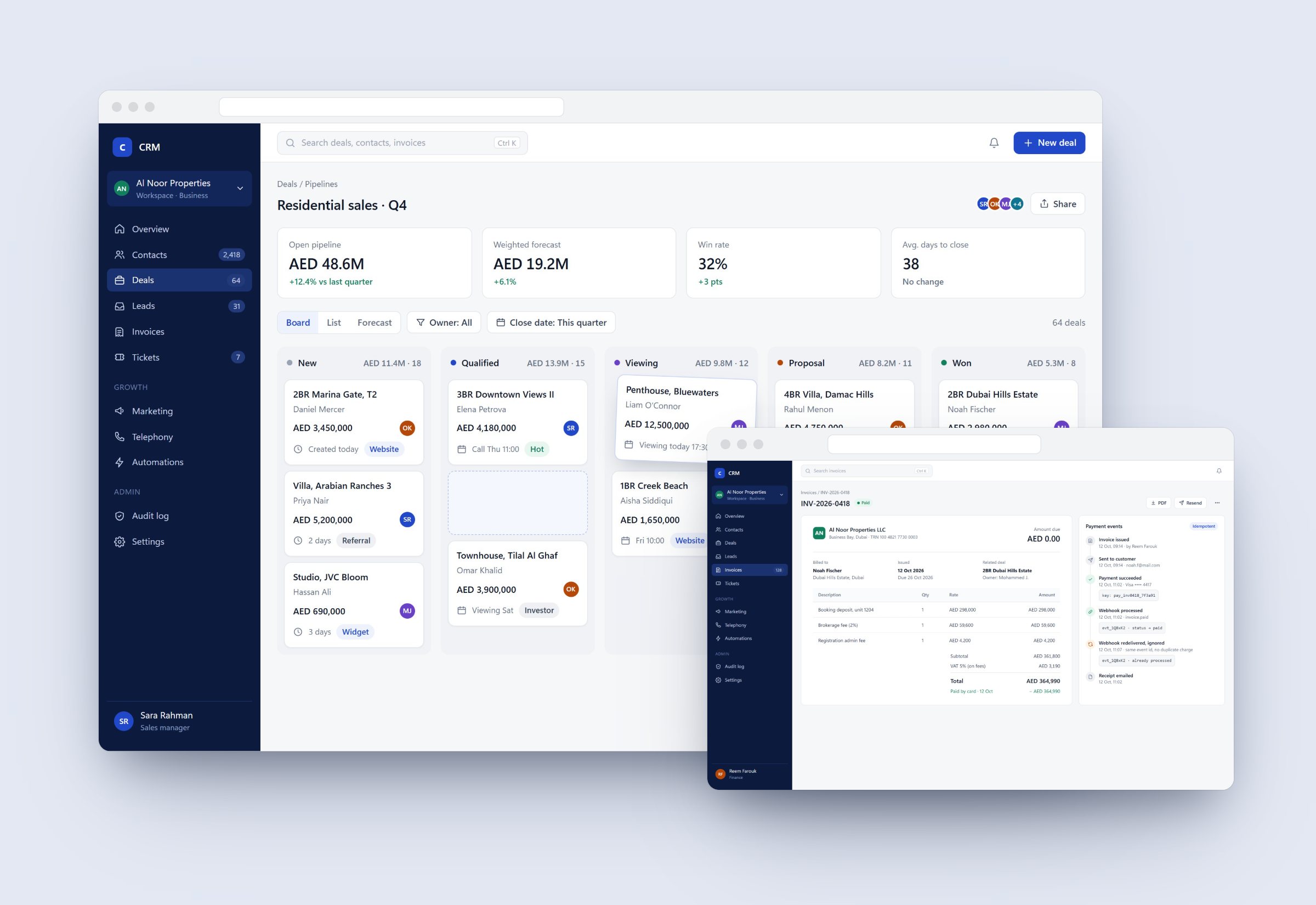 CRM deals pipeline and an invoice with its payment event log