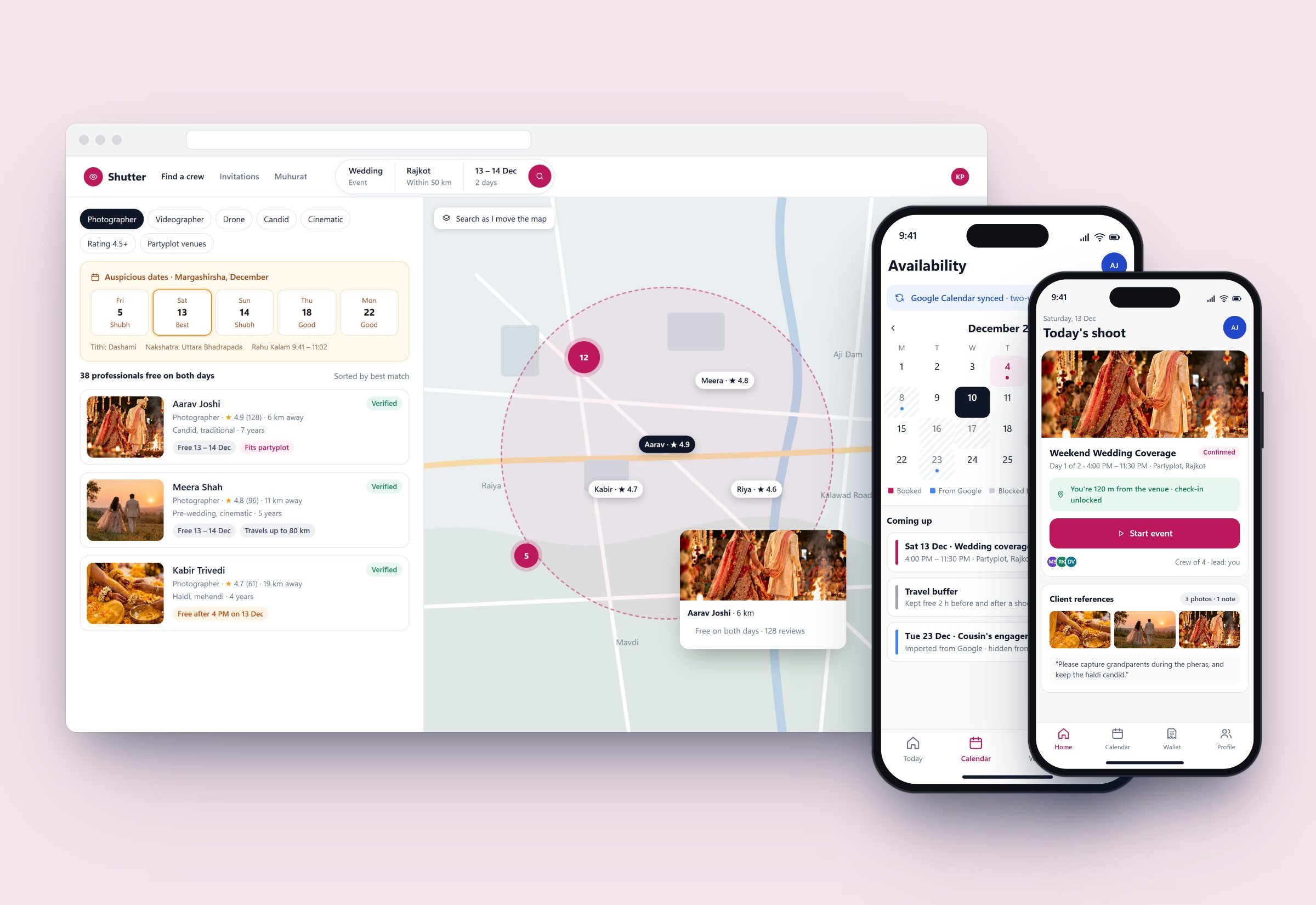 Map-based crew discovery with auspicious dates, plus the photographer's calendar and event check-in